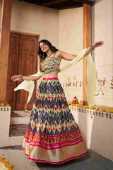 Cream Silk Thread Embroidered Lehenga Choli