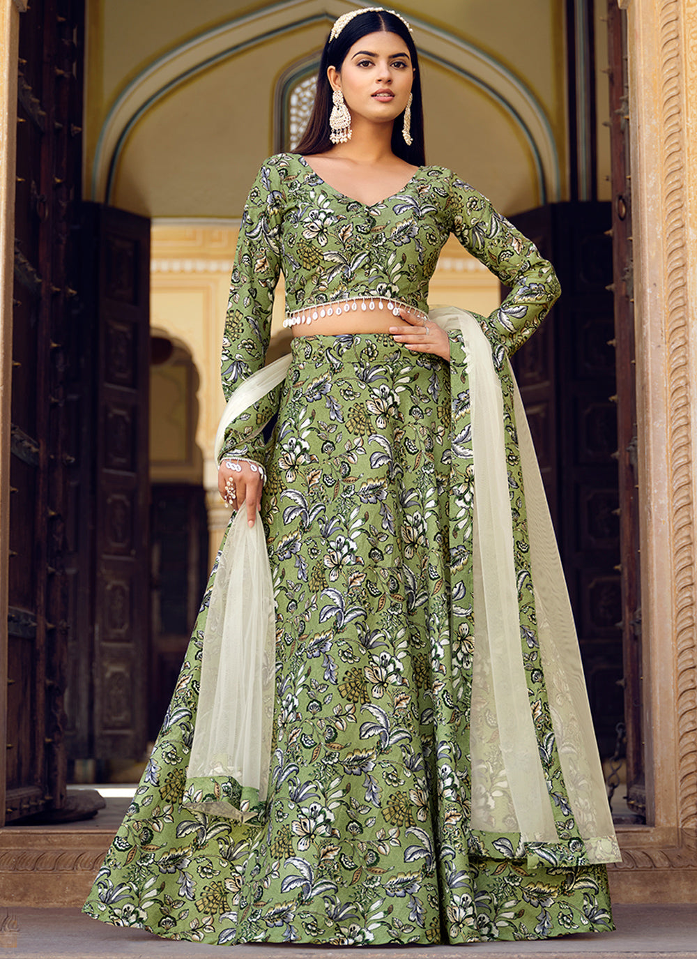 Green Ready to Wear Silk Crushed Printed Lehenga Choli