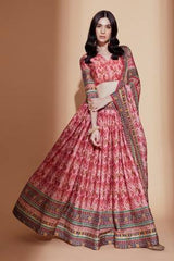 Peach Chinon Crochet Digital Printed Lehenga Choli