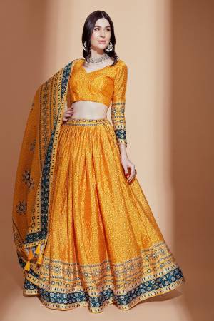 Mustard Chinon Crochet Digital Printed Lehenga Choli