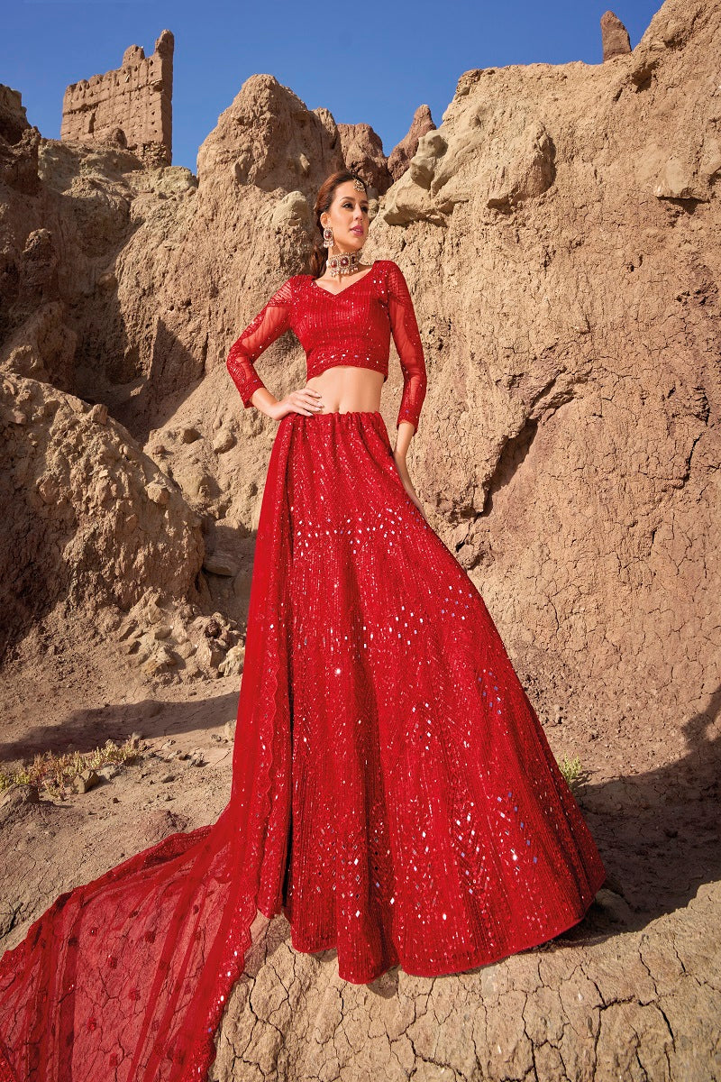 Red Net Mirror Embroidered Lehenga Choli