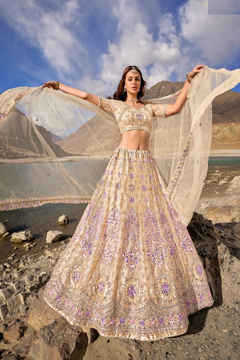 Cream Net Mirror Embroidered Lehenga Choli