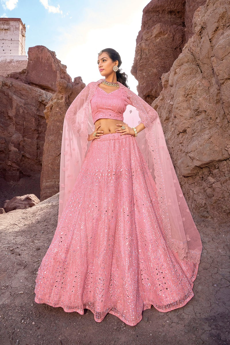 Pink Net Mirror Embroidered Lehenga Choli