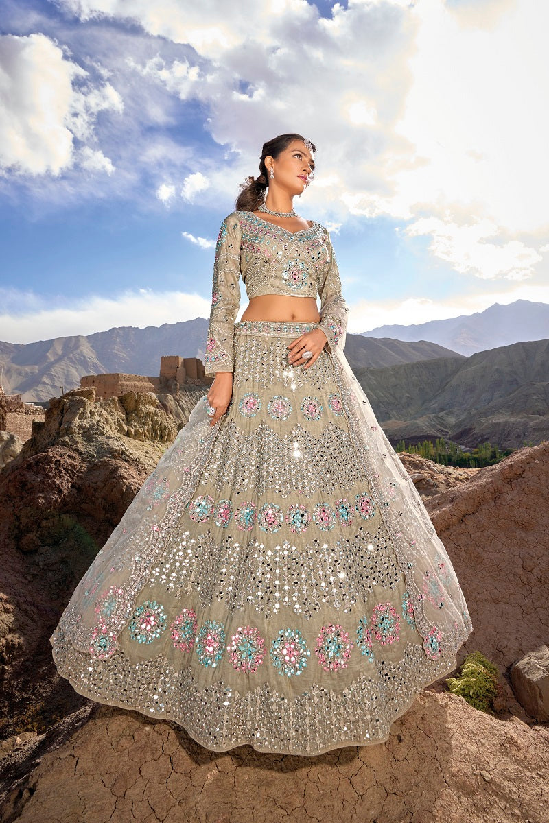 Green Net Mirror Embroidered Lehenga Choli