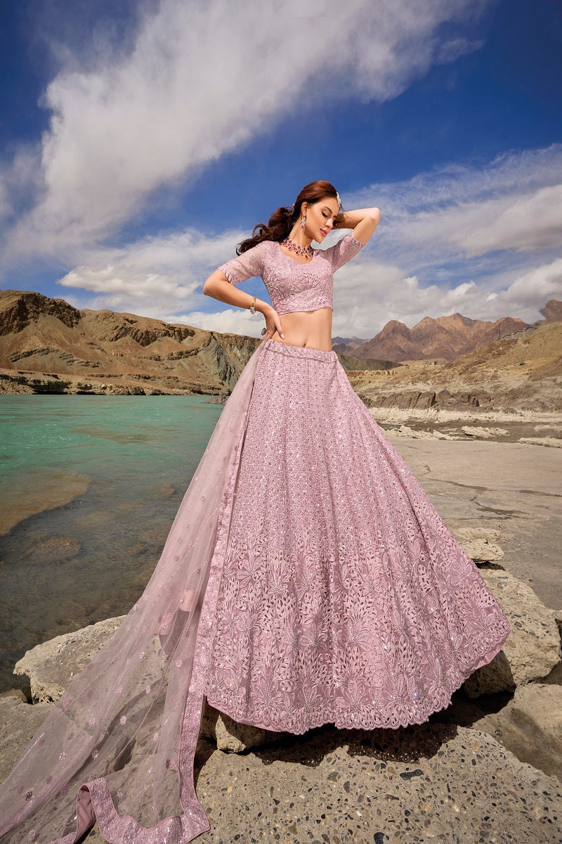 Pink Net Mirror Embroidered Lehenga Choli