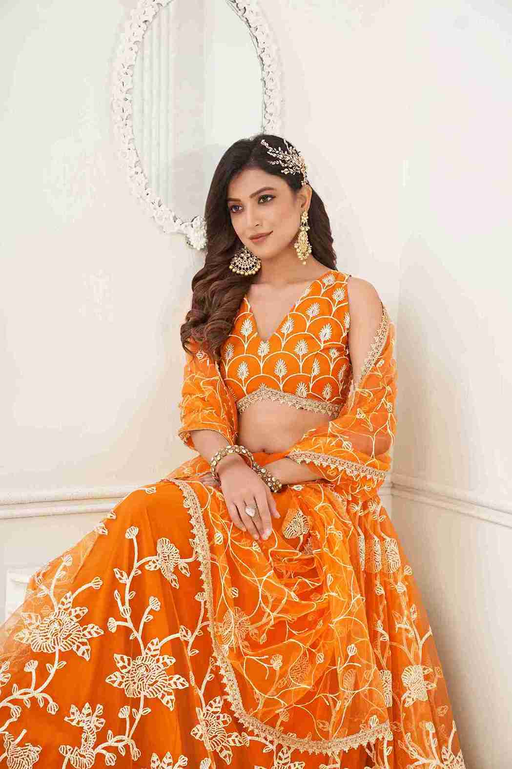 Orange Butterfly Net Sequins Embroidered Lehenga Choli