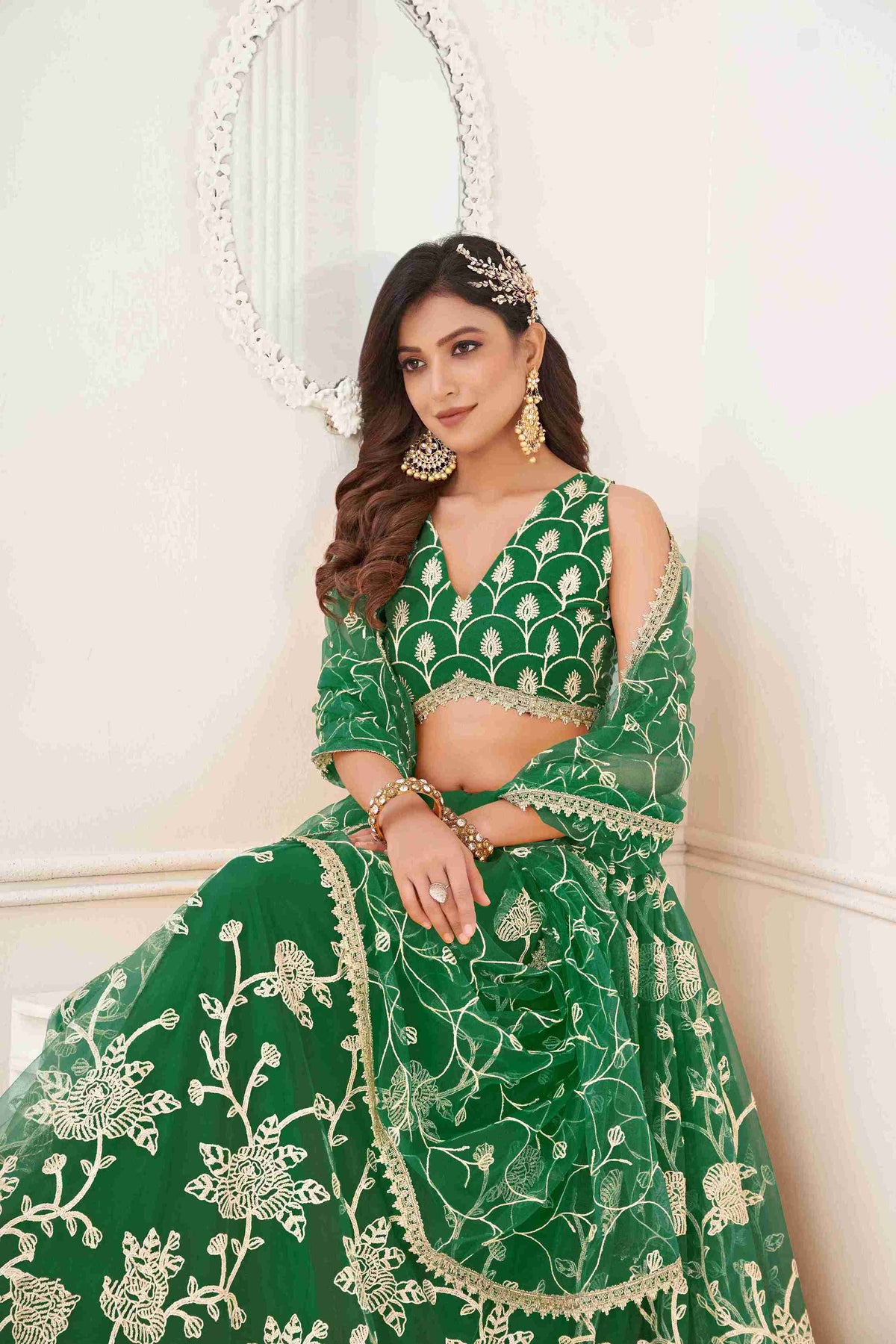 Green Butterfly Net Sequins Embroidered Lehenga Choli