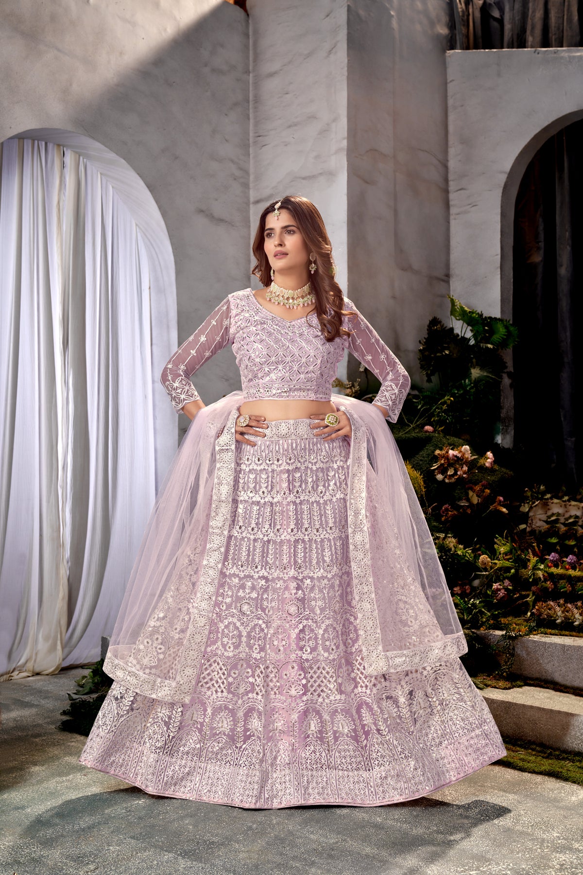 Purple Net Embroidered  Lehenga Choli