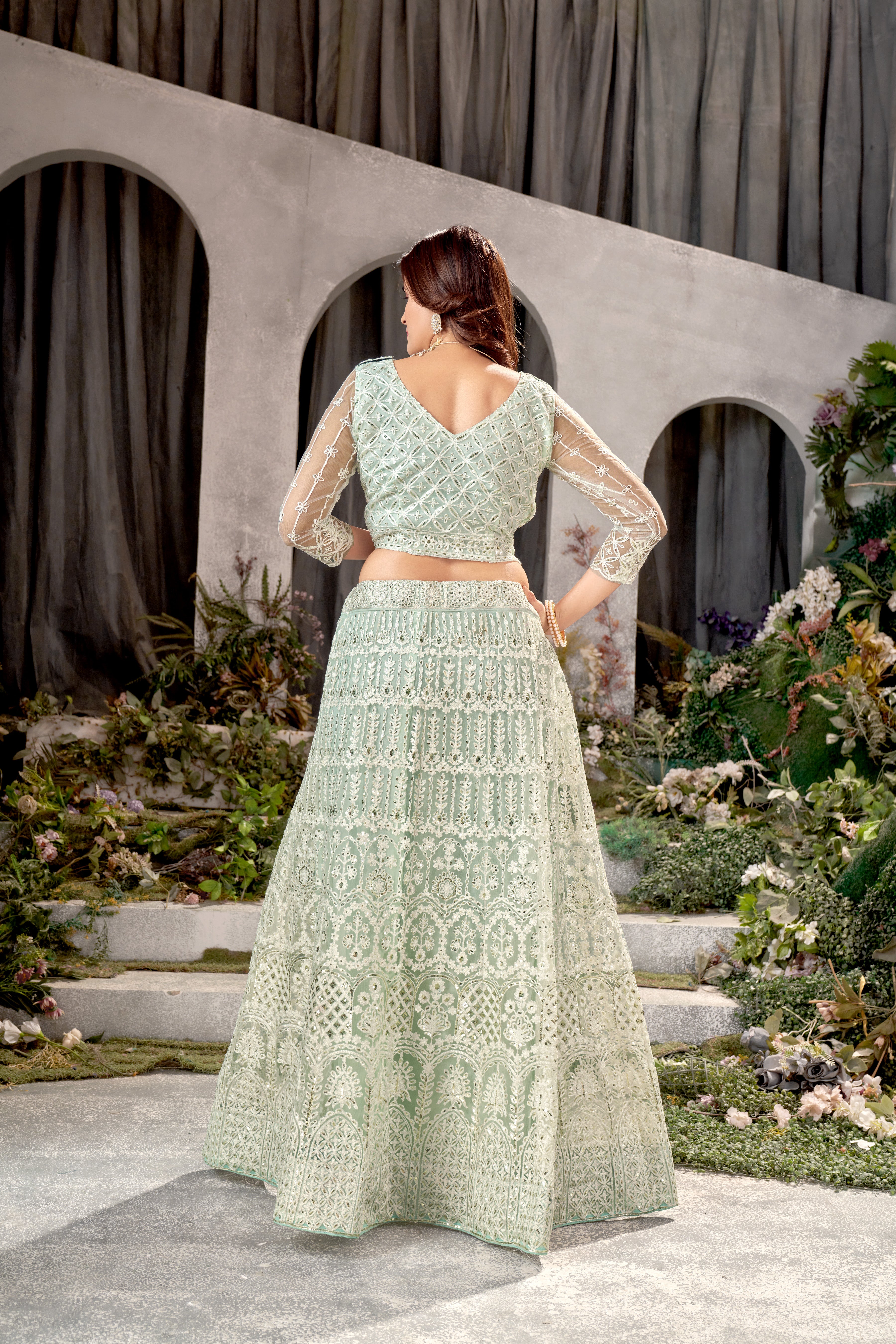 Light Green Net Embroidered  Lehenga Choli