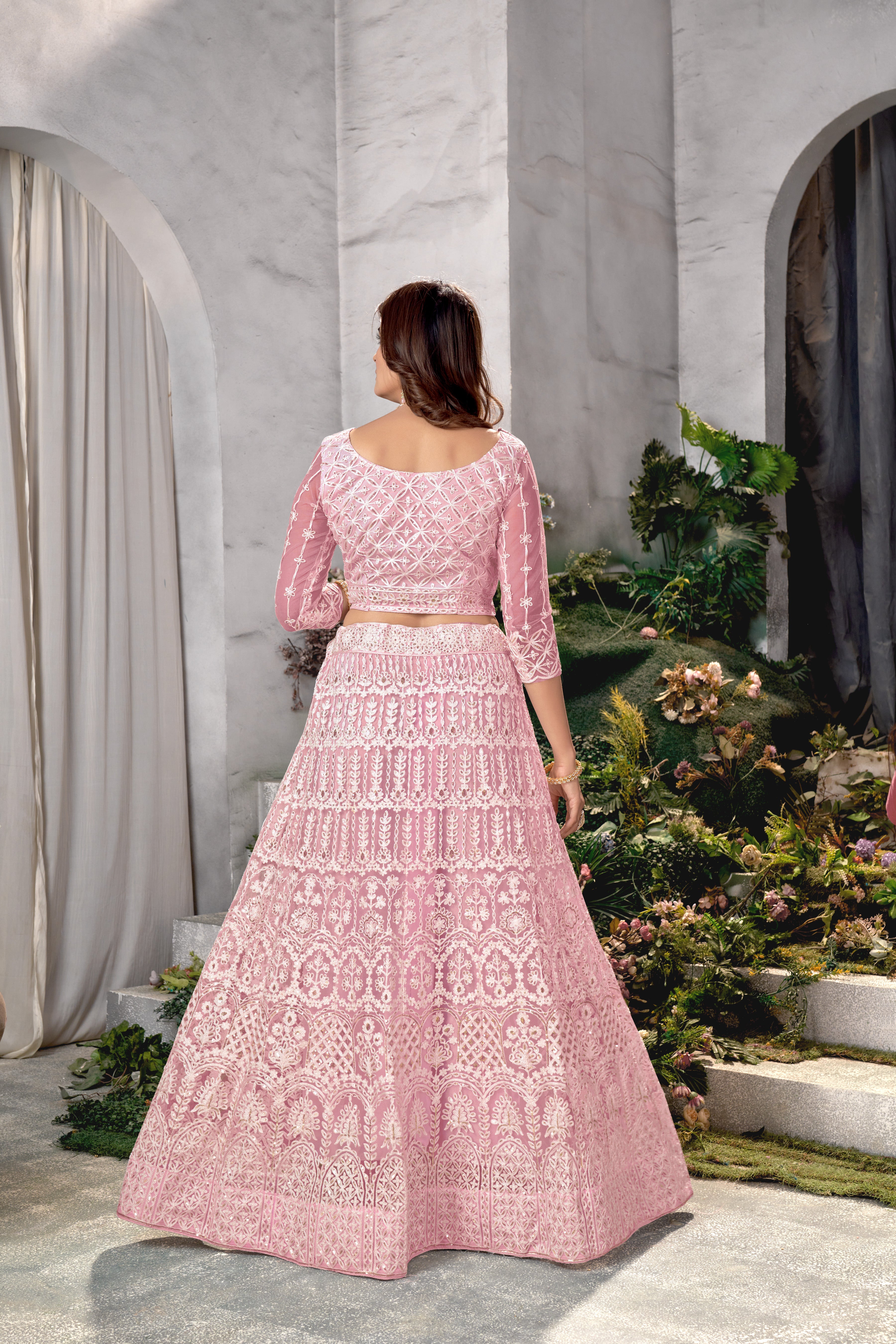 Pink Net Embroidered  Lehenga Choli