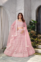 Pink Net Embroidered  Lehenga Choli