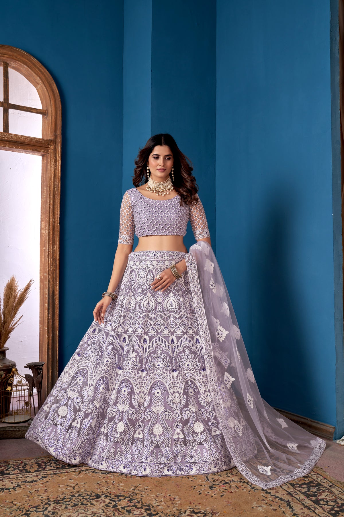 Grey Net Sequins Embroidered Lehenga Choli