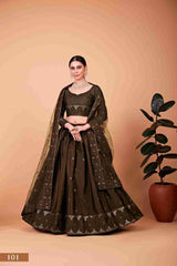 Olive Green Silk Sequins Embroidered Lehenga Choli