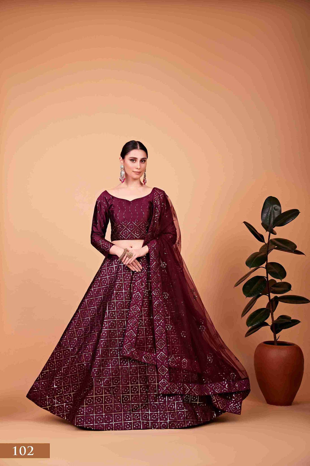 Wine Silk Sequins Embroidered Lehenga Choli