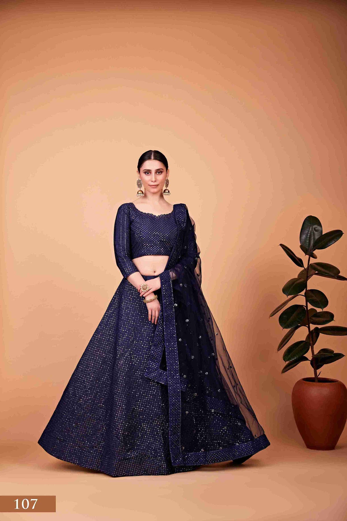 Navy Blue Silk Sequins Embroidered Lehenga Choli