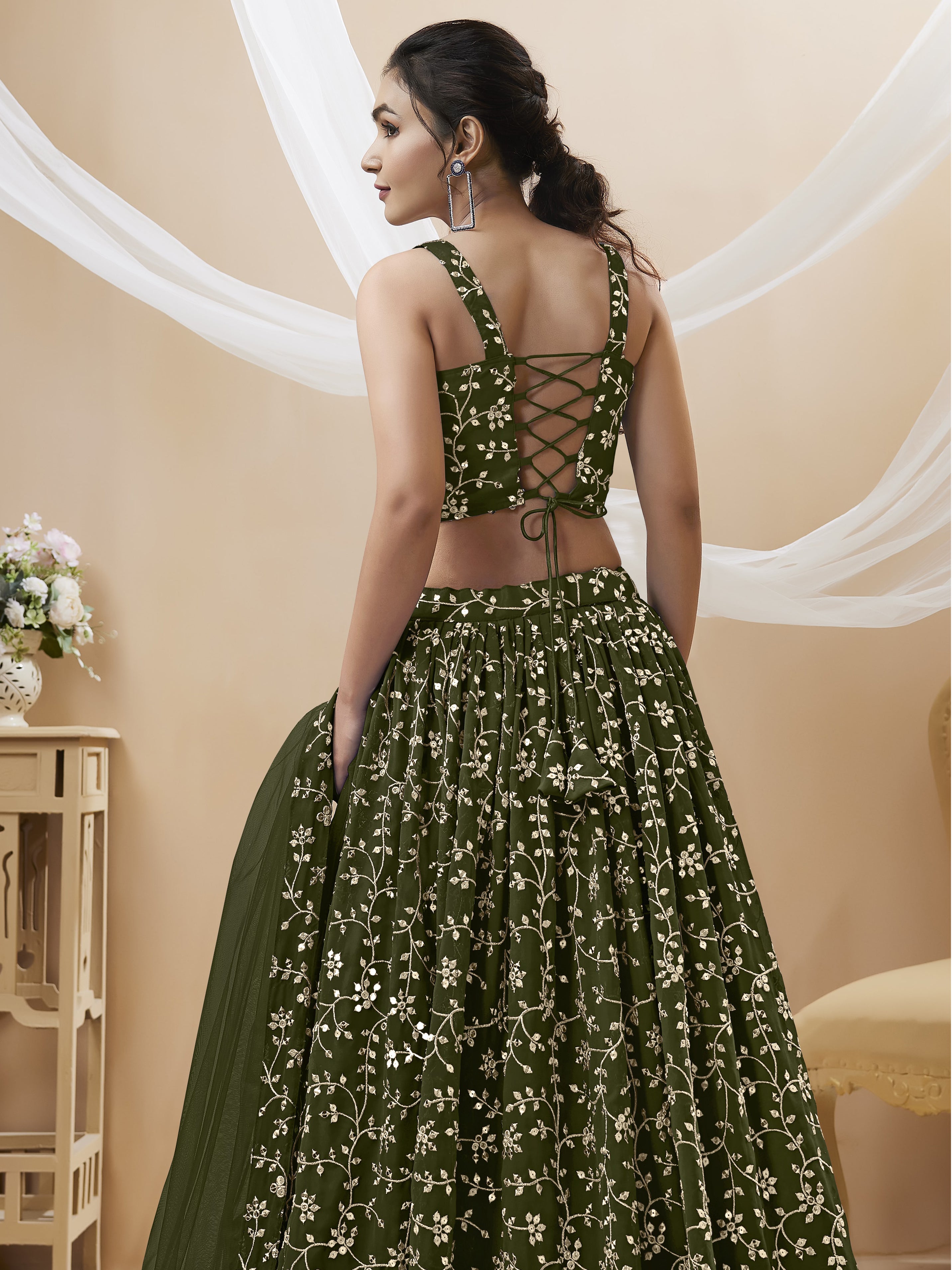 Green Georgette Embroidered Lehenga Choli