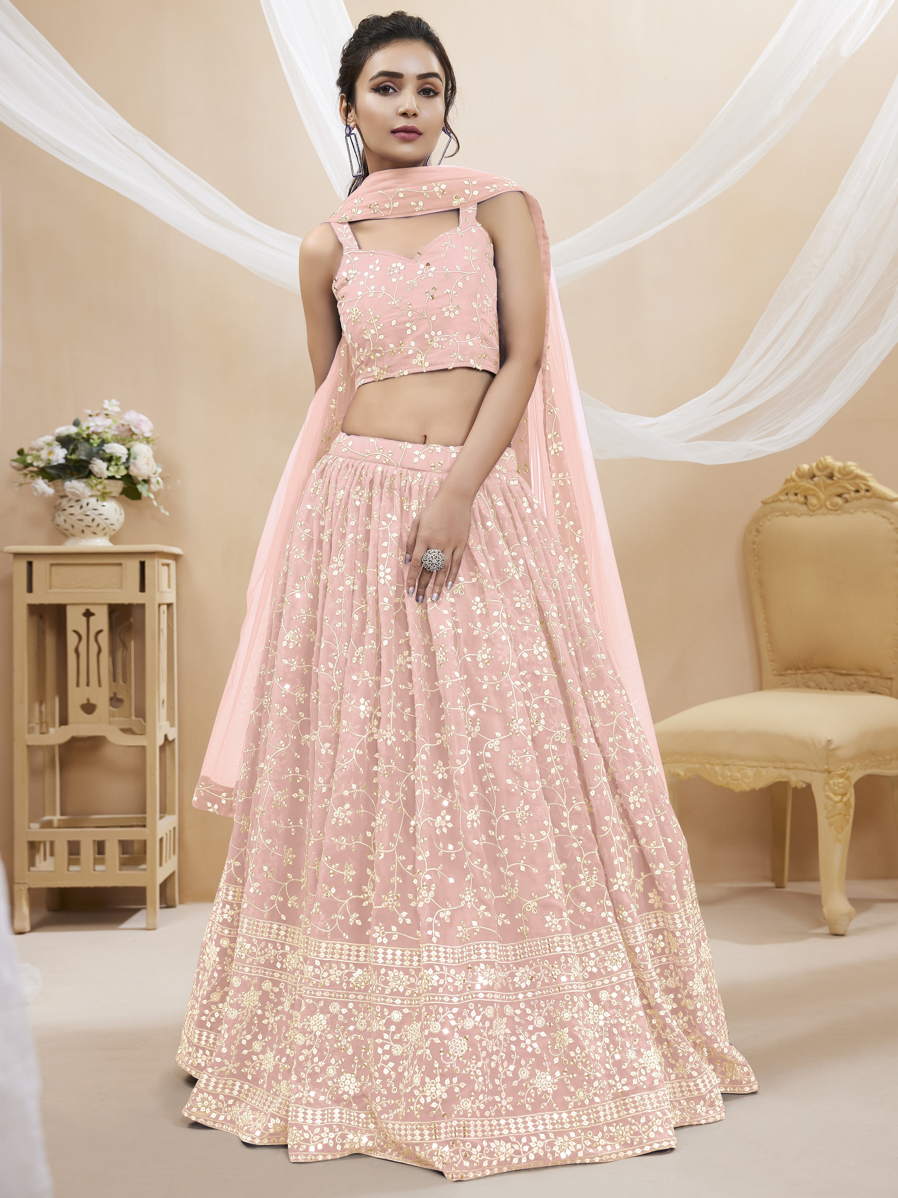 Pink Georgette Embroidered Lehenga Choli