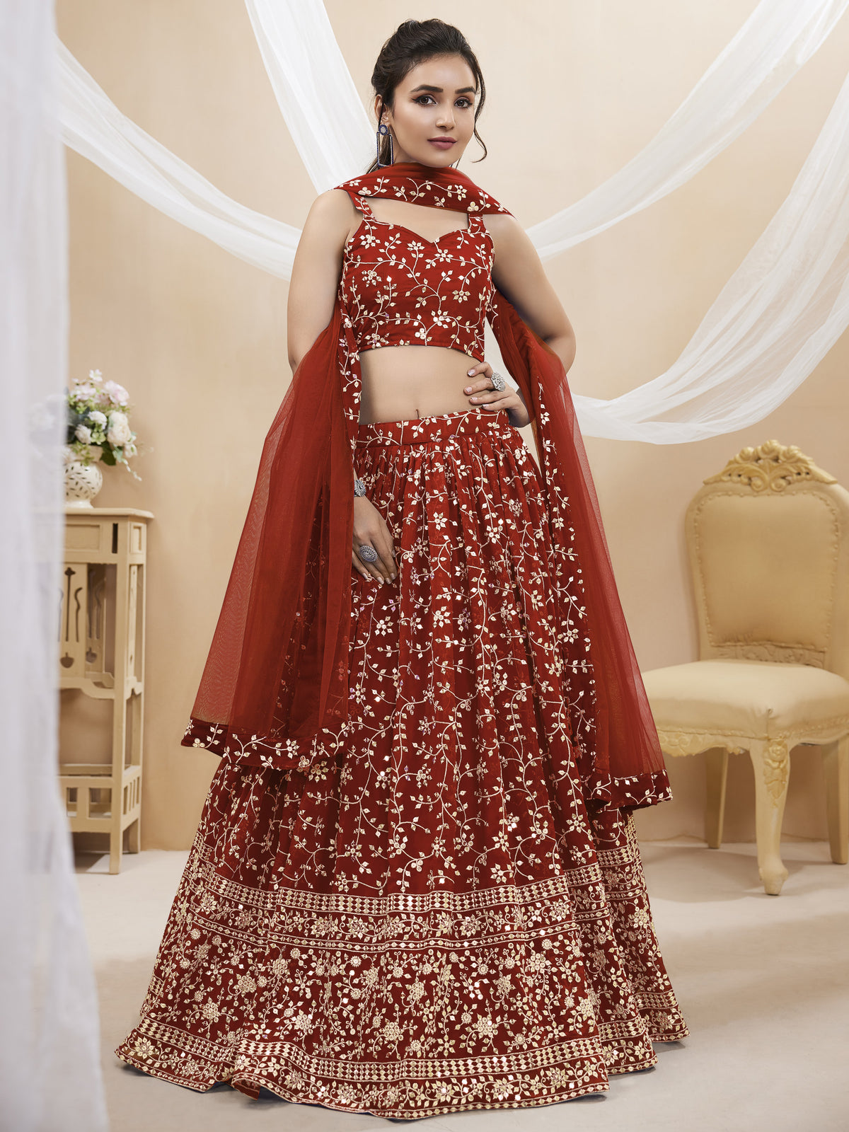 Maroon Georgette Embroidered Lehenga Choli