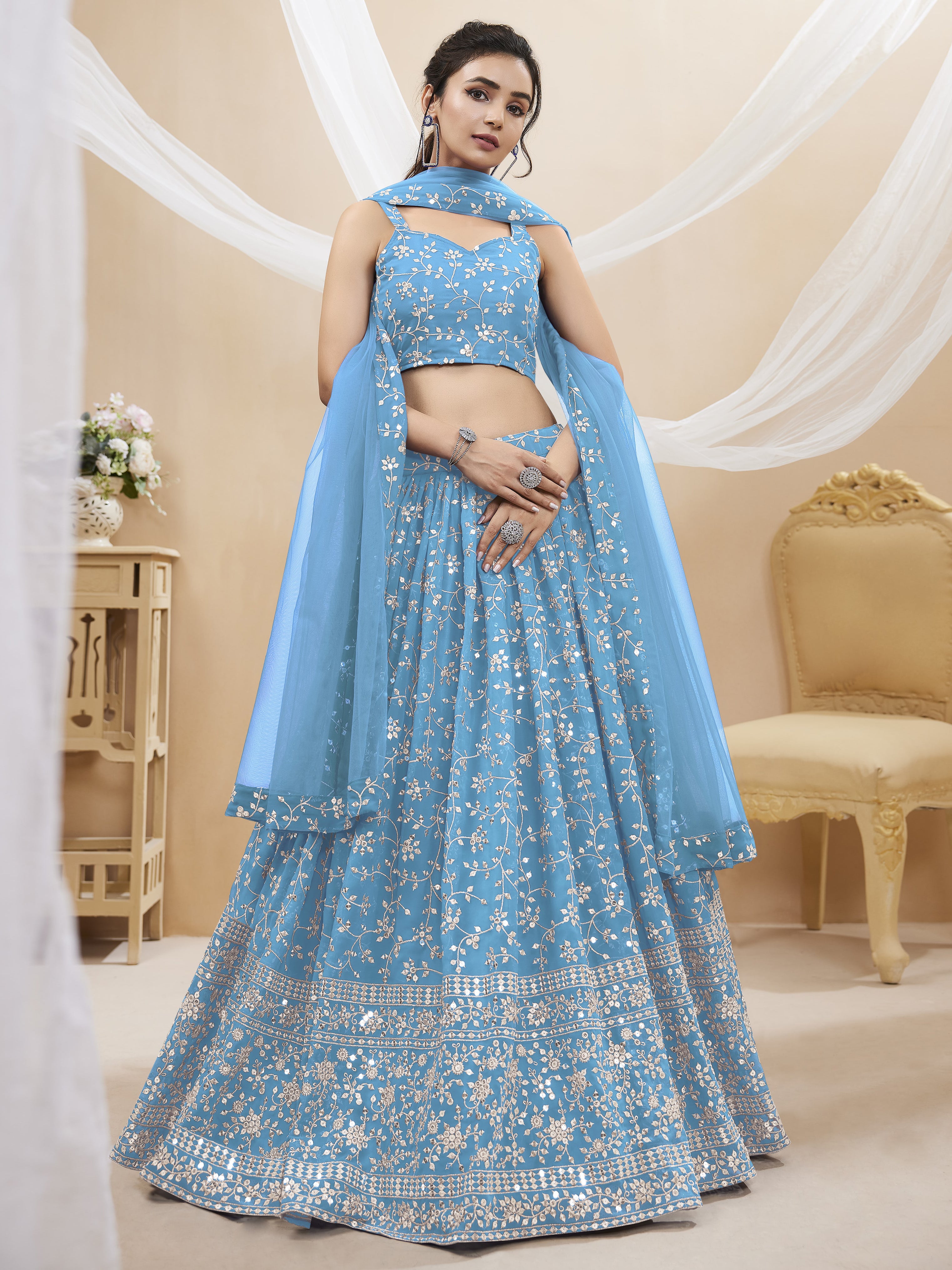 Sky Georgette Embroidered Lehenga Choli