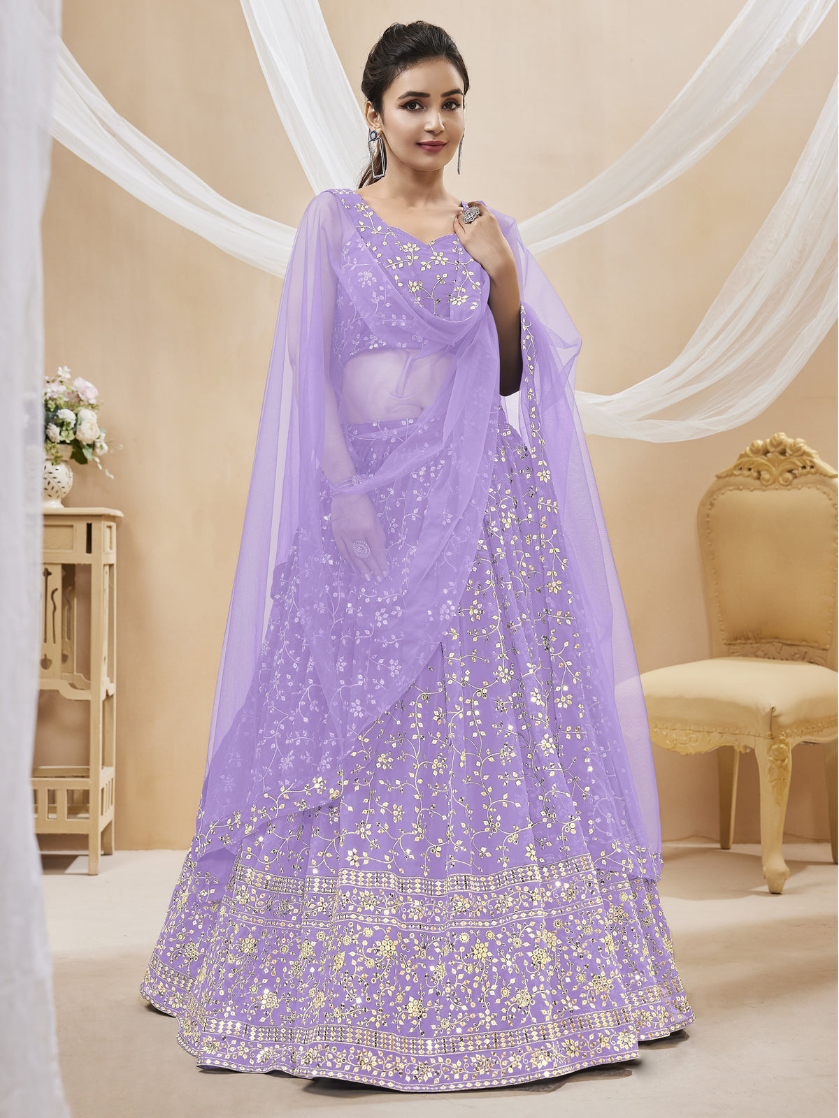 Lavender Georgette Embroidered Lehenga Choli