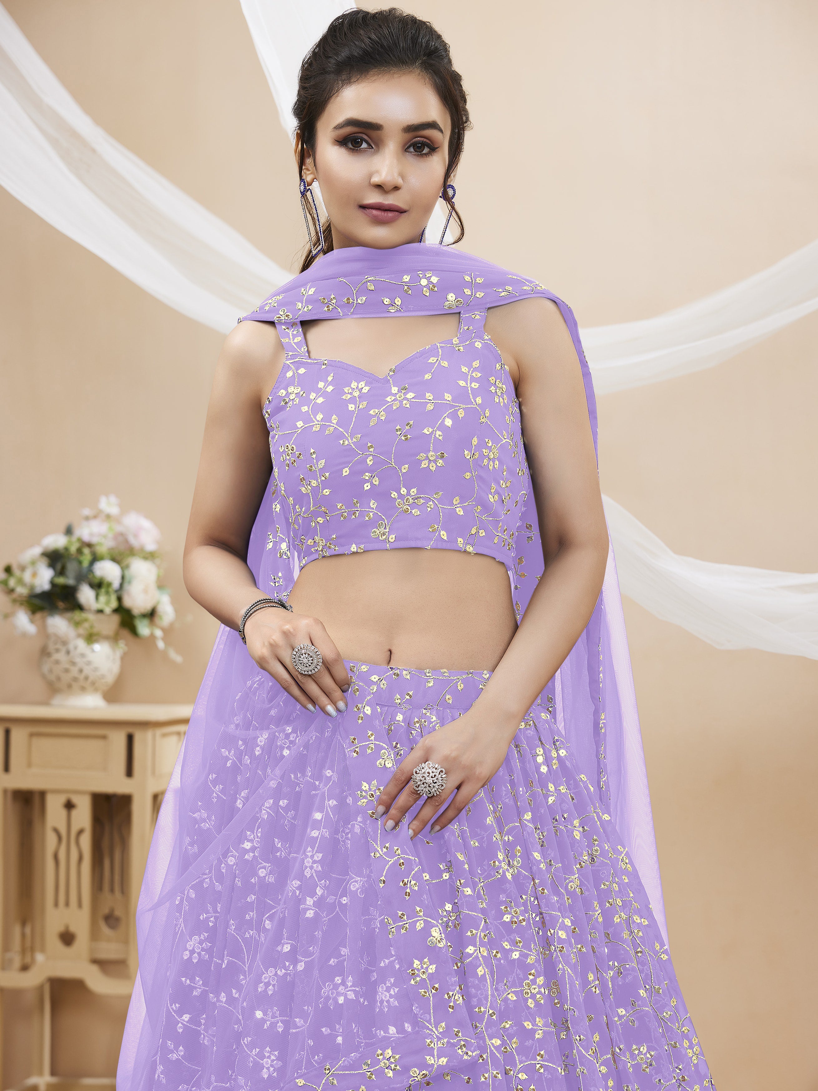 Lavender Georgette Embroidered Lehenga Choli