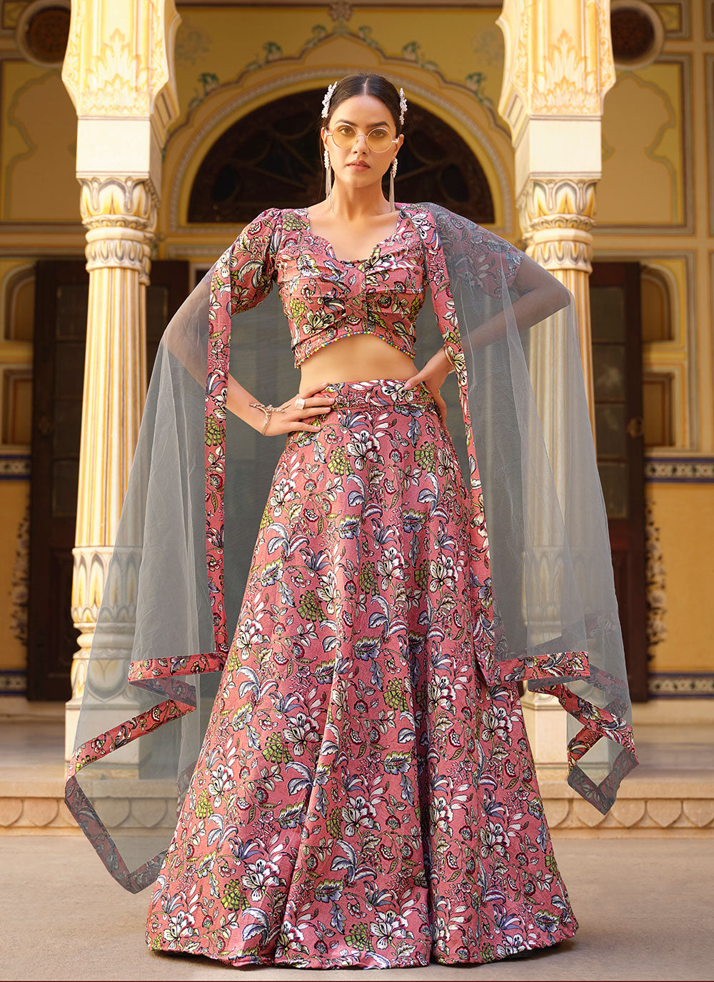 Pink Silk Crush Printed Lehenga Choli