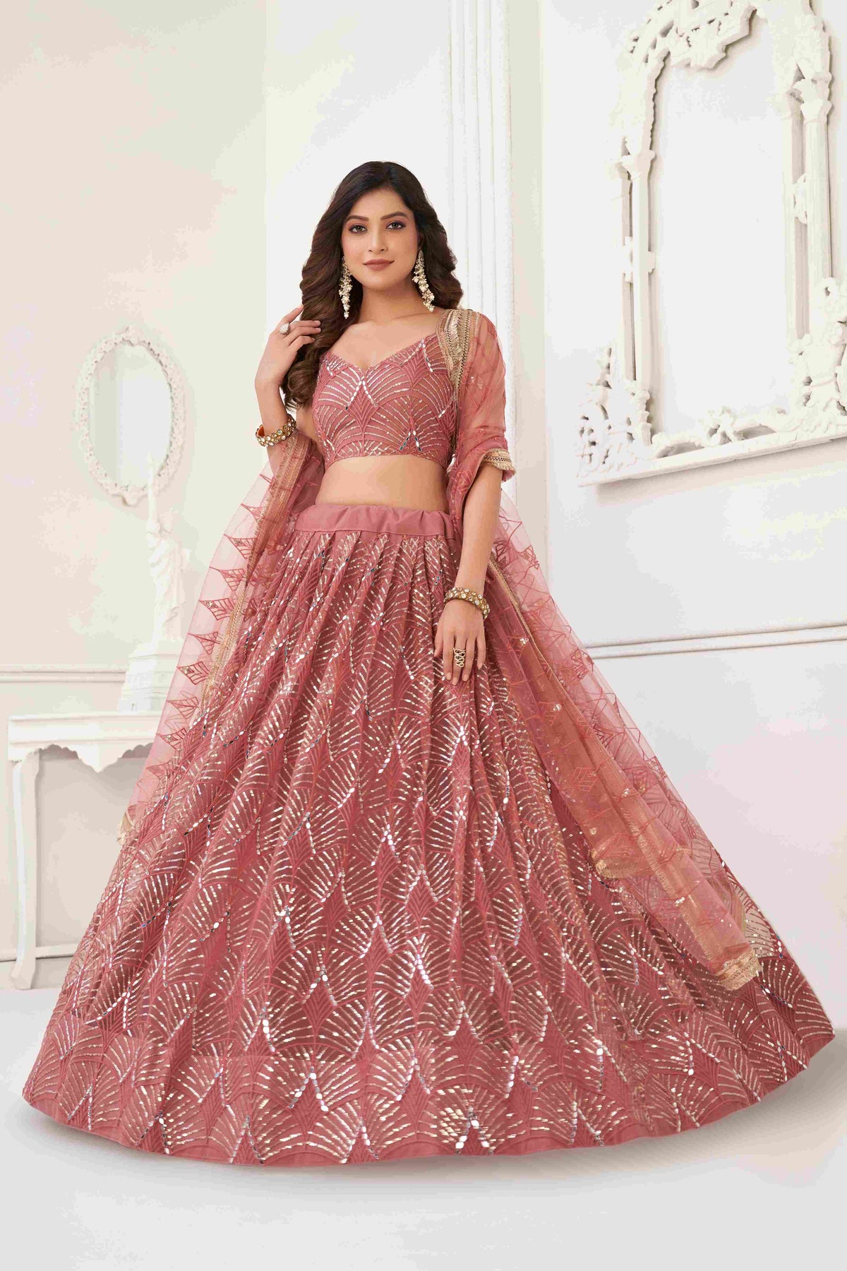 Lehenga Choli brodé à paillettes et filet papillon en oignon