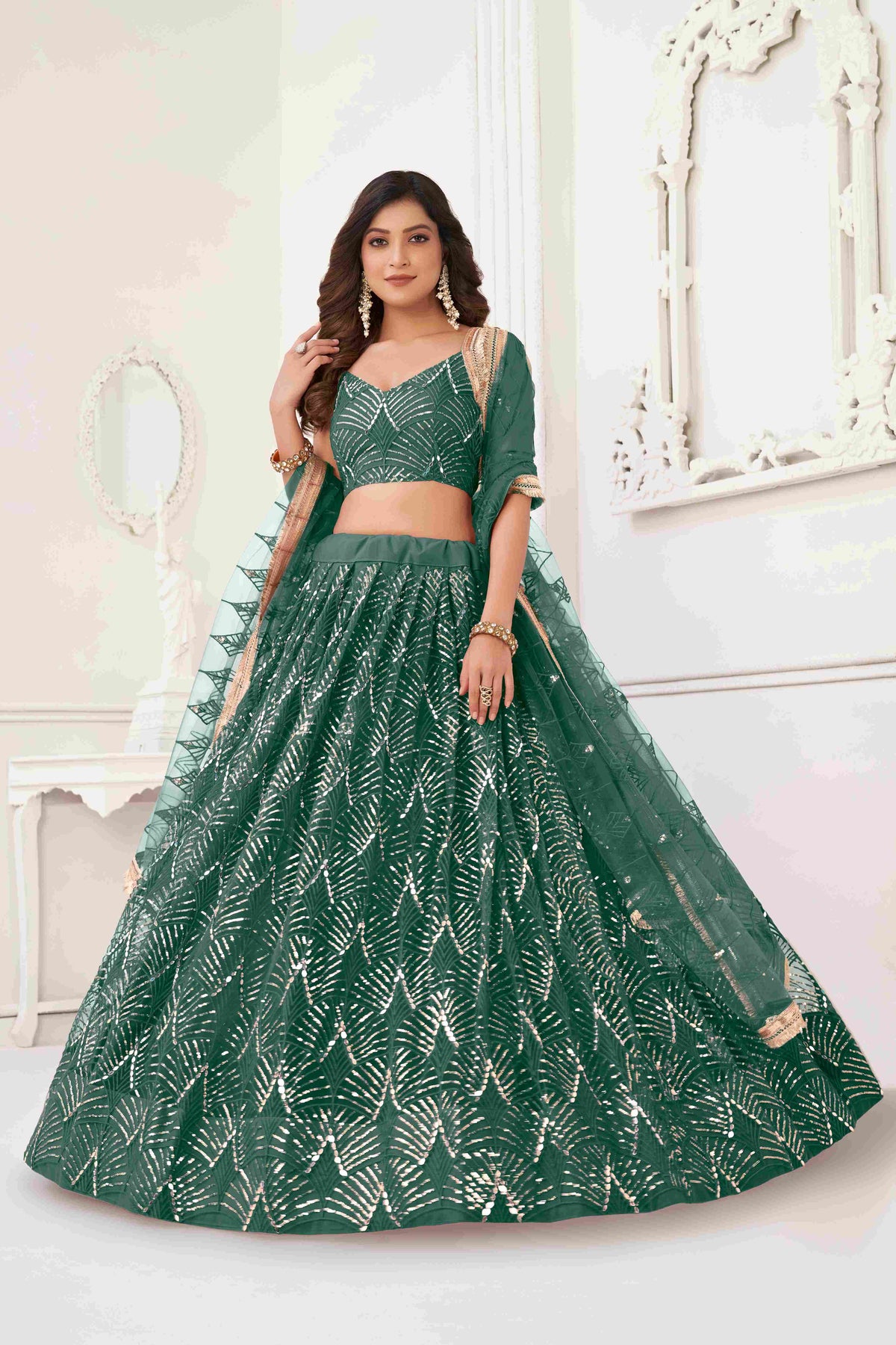 Green Butterfly Net Sequins Embroidered Lehenga Choli