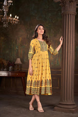 Yellow Cotton Printed Kurti