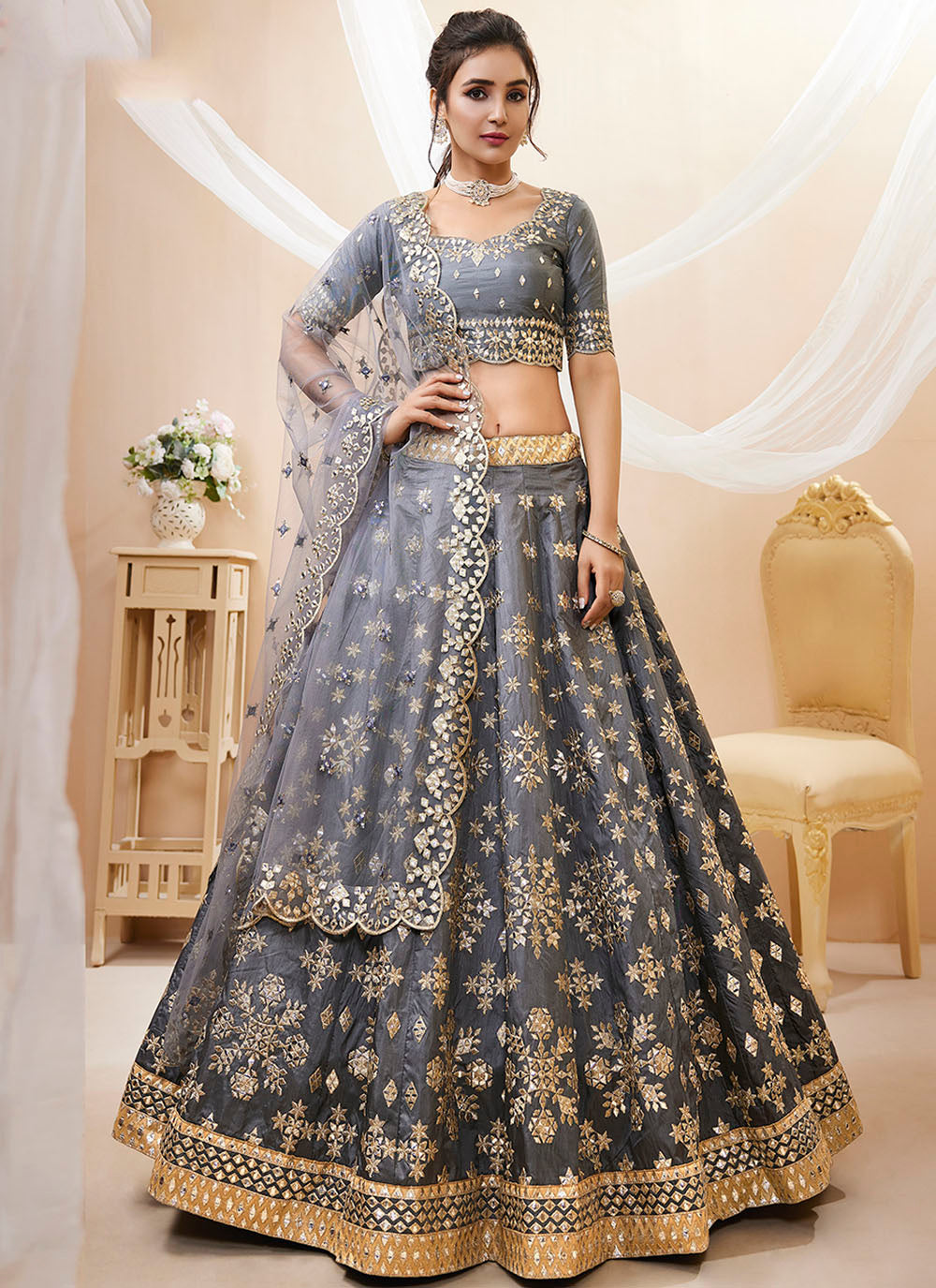 Grey Art Silk Sequins Embroidered Lehenga Choli