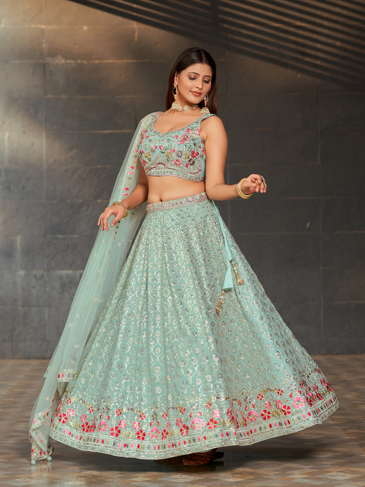 Sky Blue Georgette Sequins Embroidered Lehenga Choli