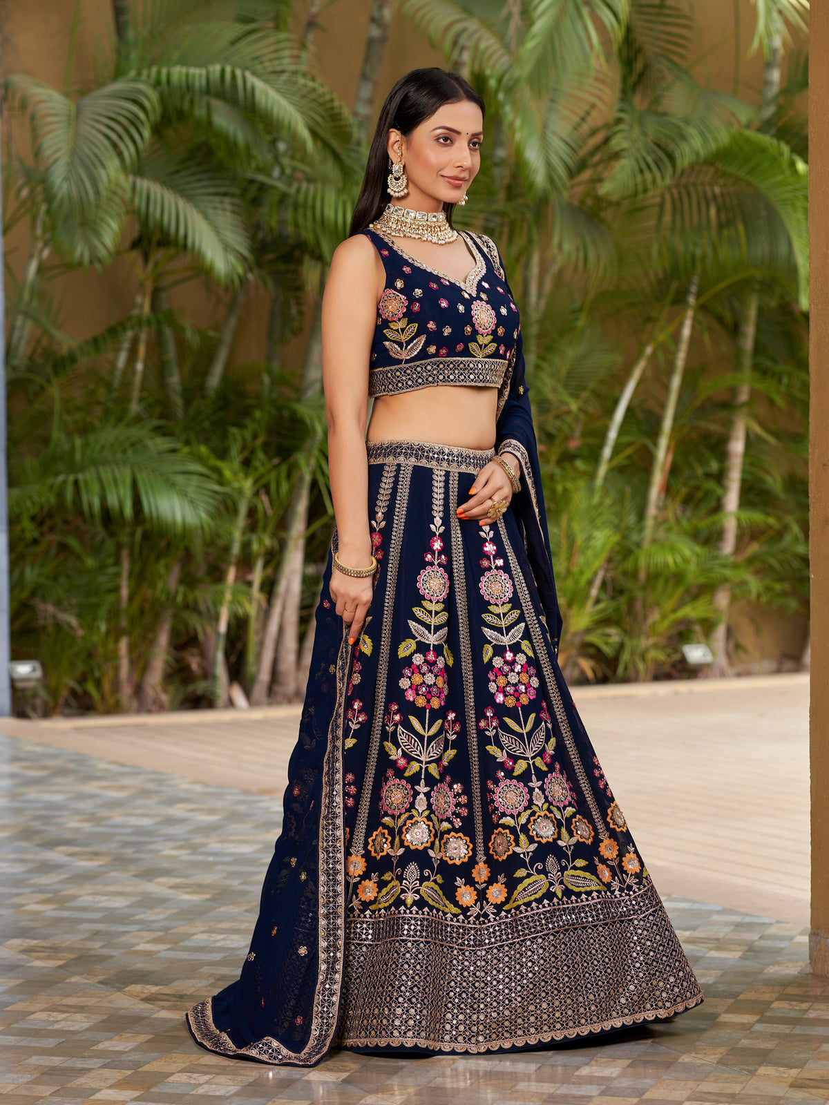 Navy Blue Georgette Sequins Embroidered Lehenga Choli