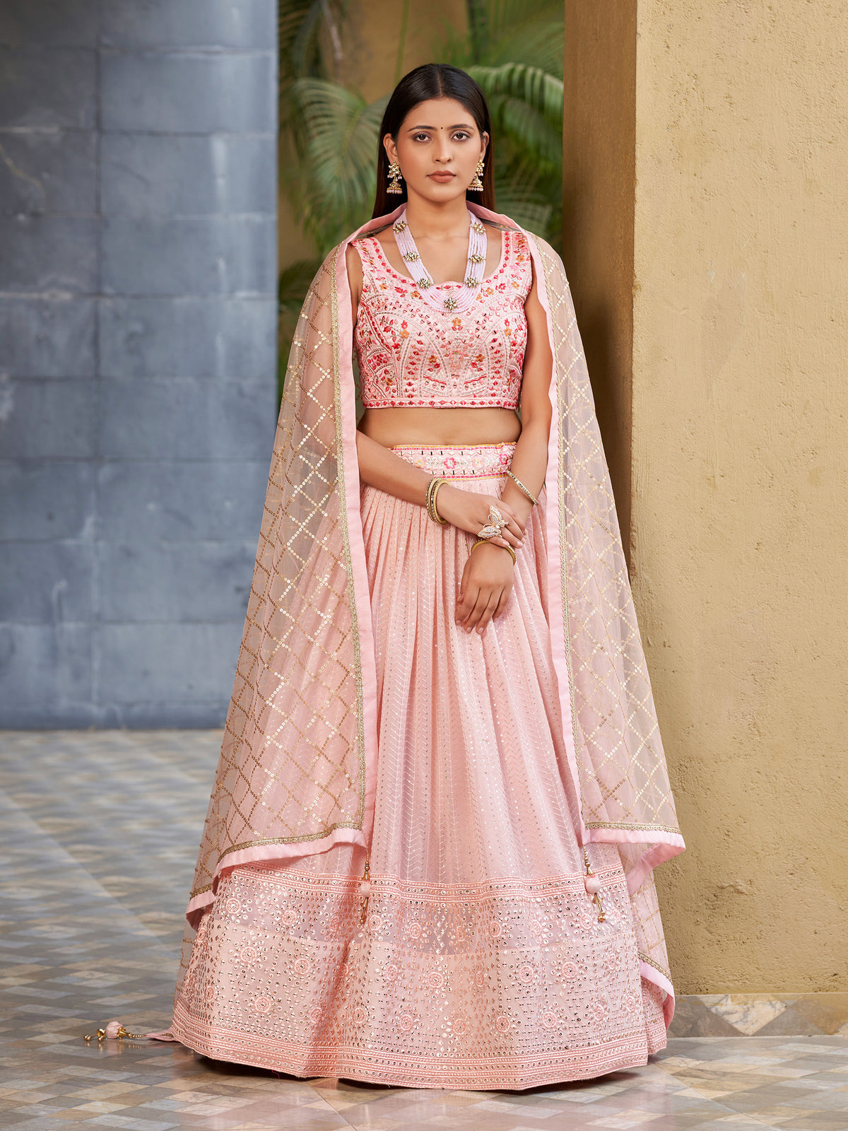 Pink Georgette Sequins Embroidered Lehenga Choli