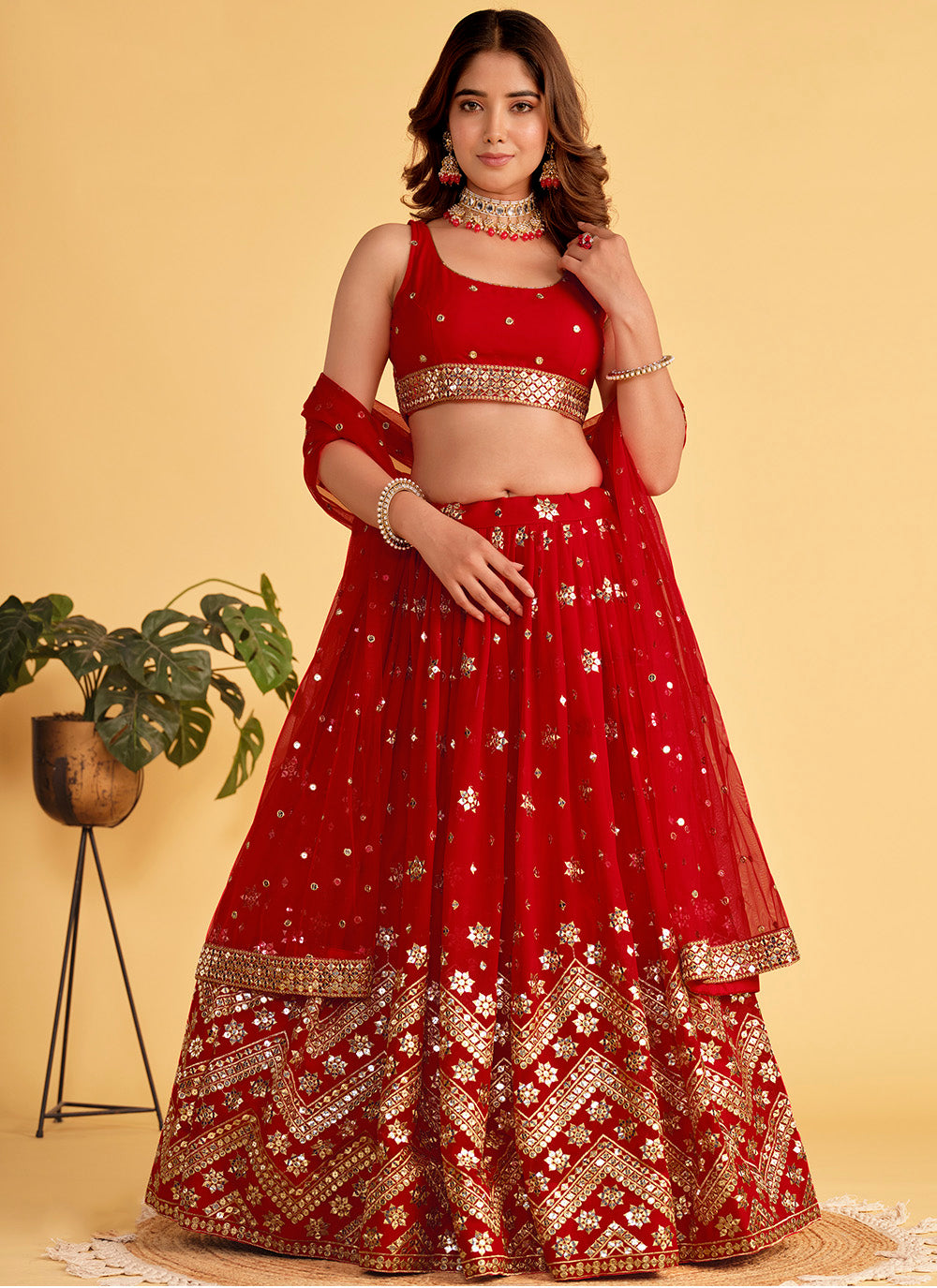 Red Georgette Sequins Embroidered Lehenga Choli