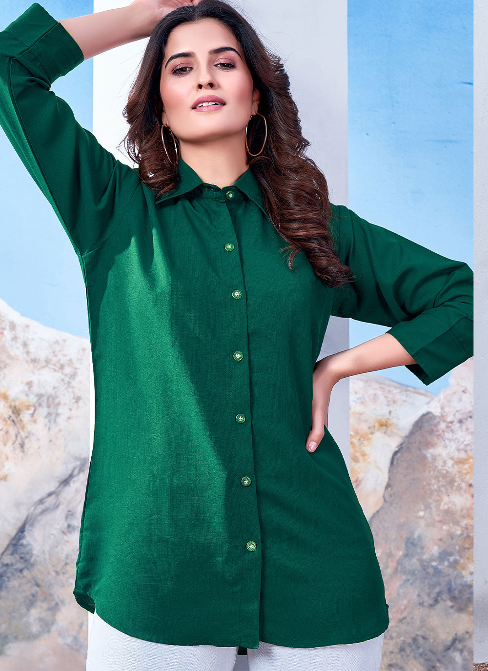 Green Cotton Solid Collared Casual Shirt For Women