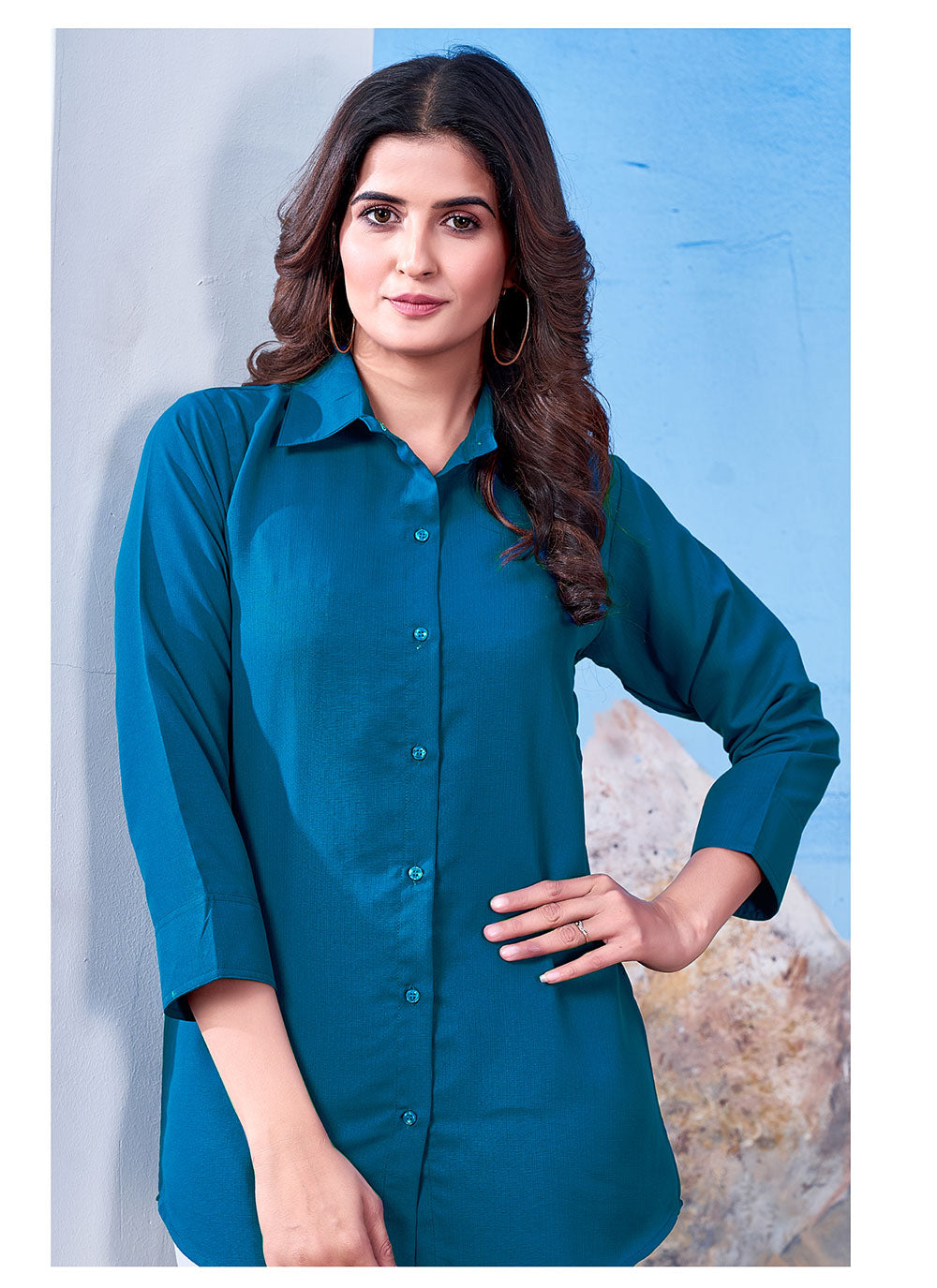 Blue Cotton Solid Collared Casual Shirt For Women