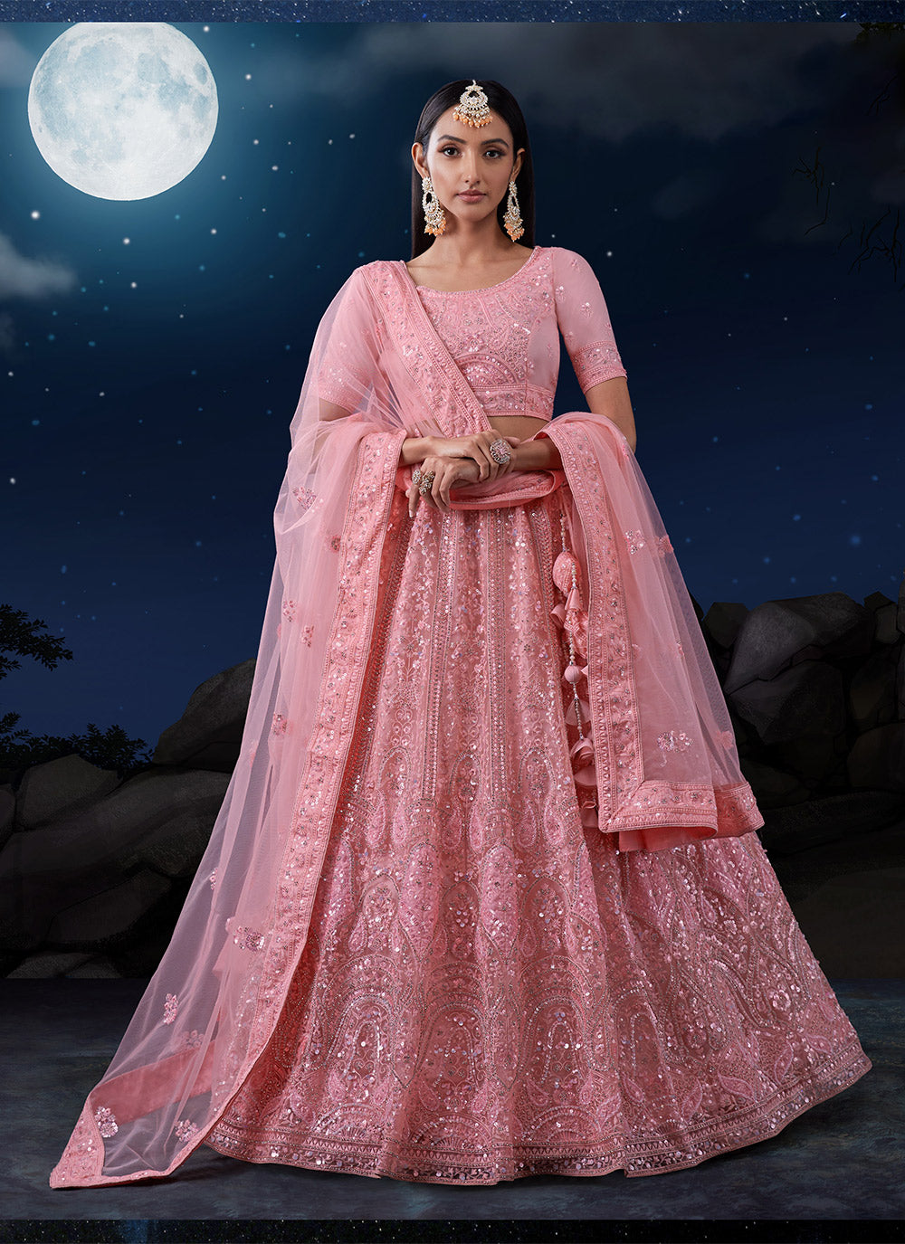 Pink Net Embroidered Lehenga Choli