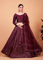 Wine Silk Sequins Embroidered Lehenga Choli