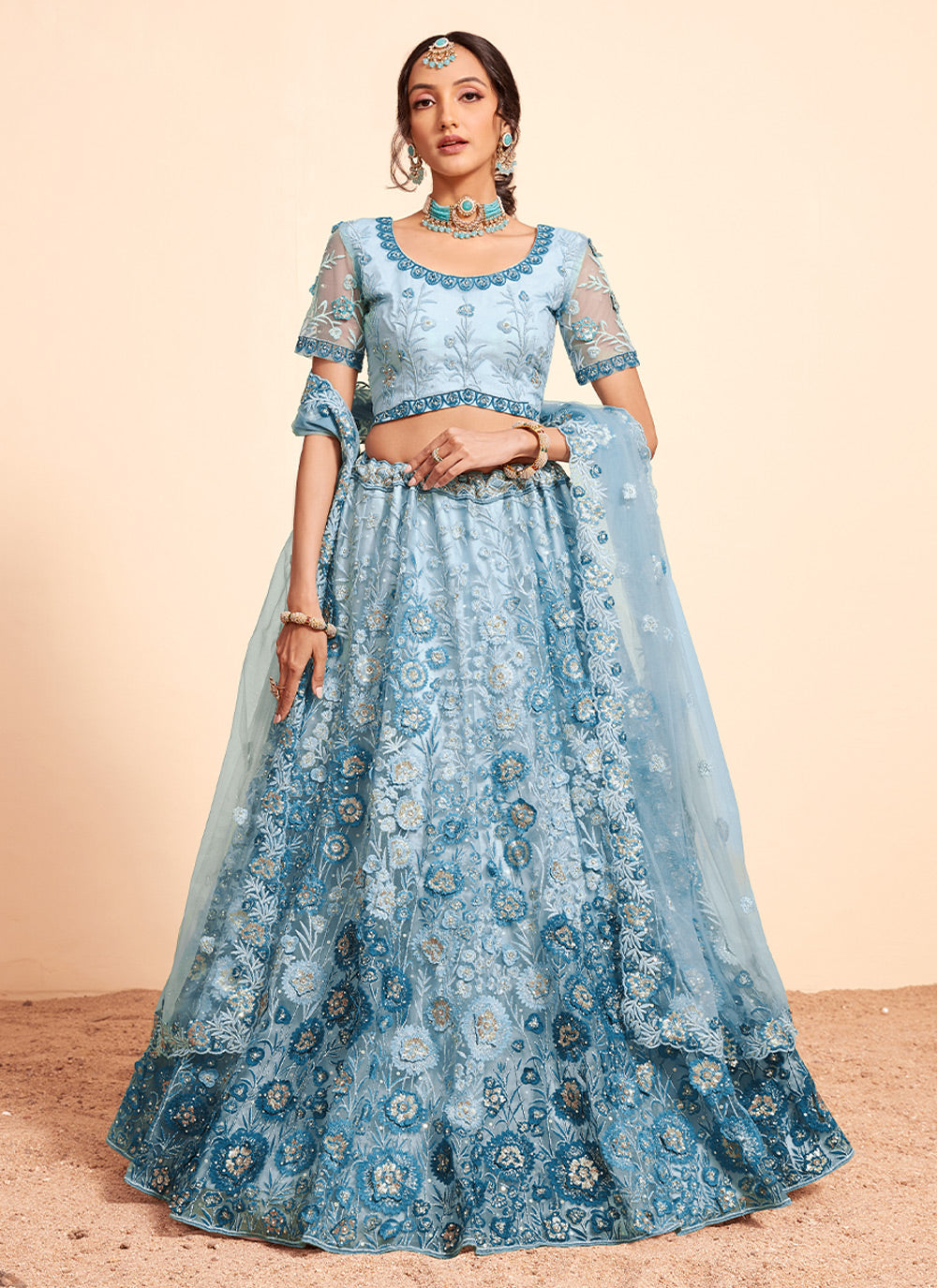 Firozi Net Embroidered Lehenga Choli