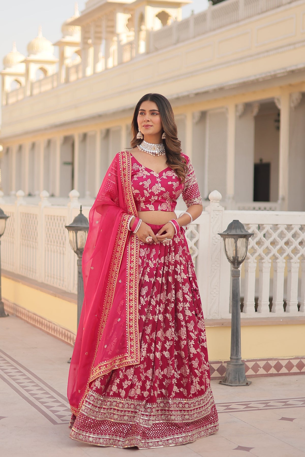 Pink Viscose Jacquard Sequins Embroidered Lehenga Choli