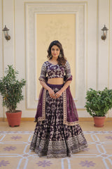 Wine Viscose Jacquard Sequins Embroidered Lehenga Choli