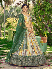 Multi  Chinon Digital Printed Embroidered Lehenga Choli