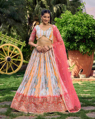 Multi  Chinon Digital Printed Embroidered Lehenga Choli