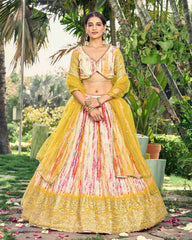 Lehenga Choli brodé imprimé numériquement multi-chinons