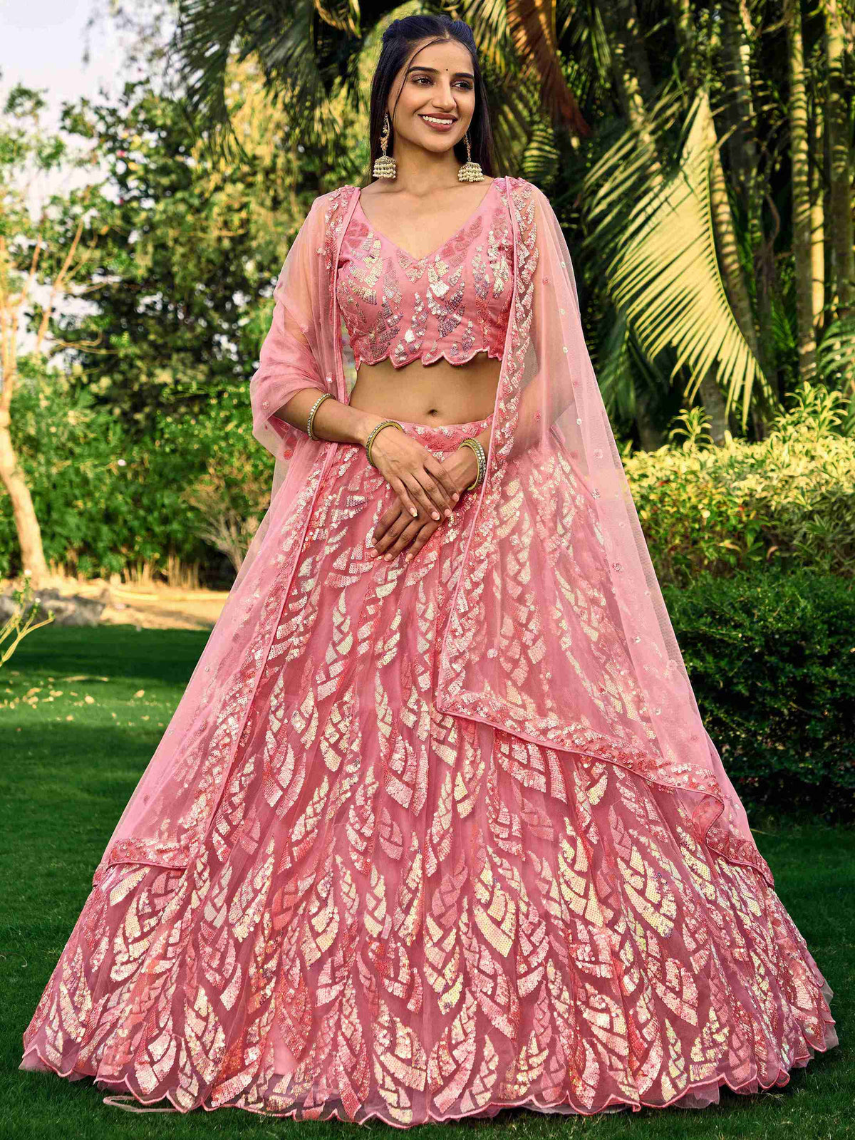 Pink Net Sequins Embroidered Lehenga Choli