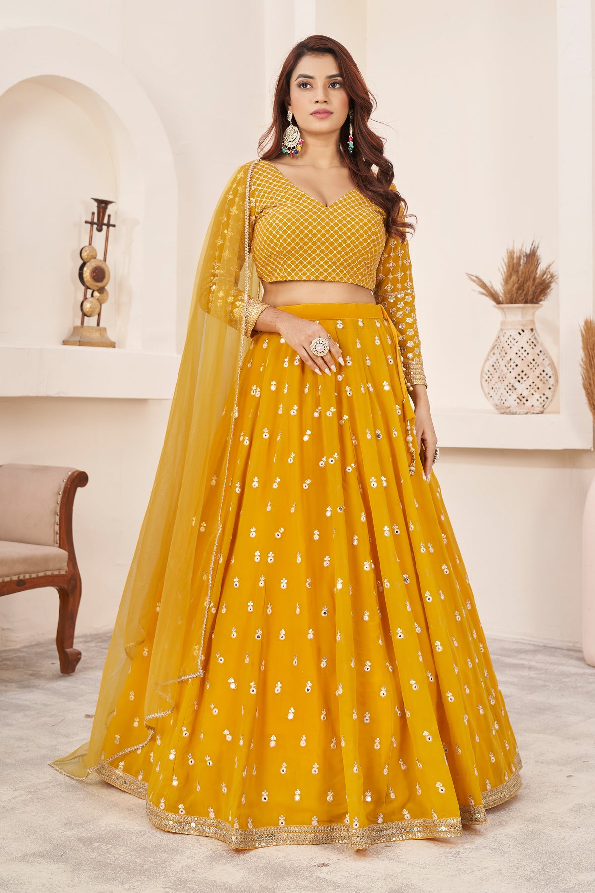 Yellow Georgette Sequins Embroidered Lehenga Choli