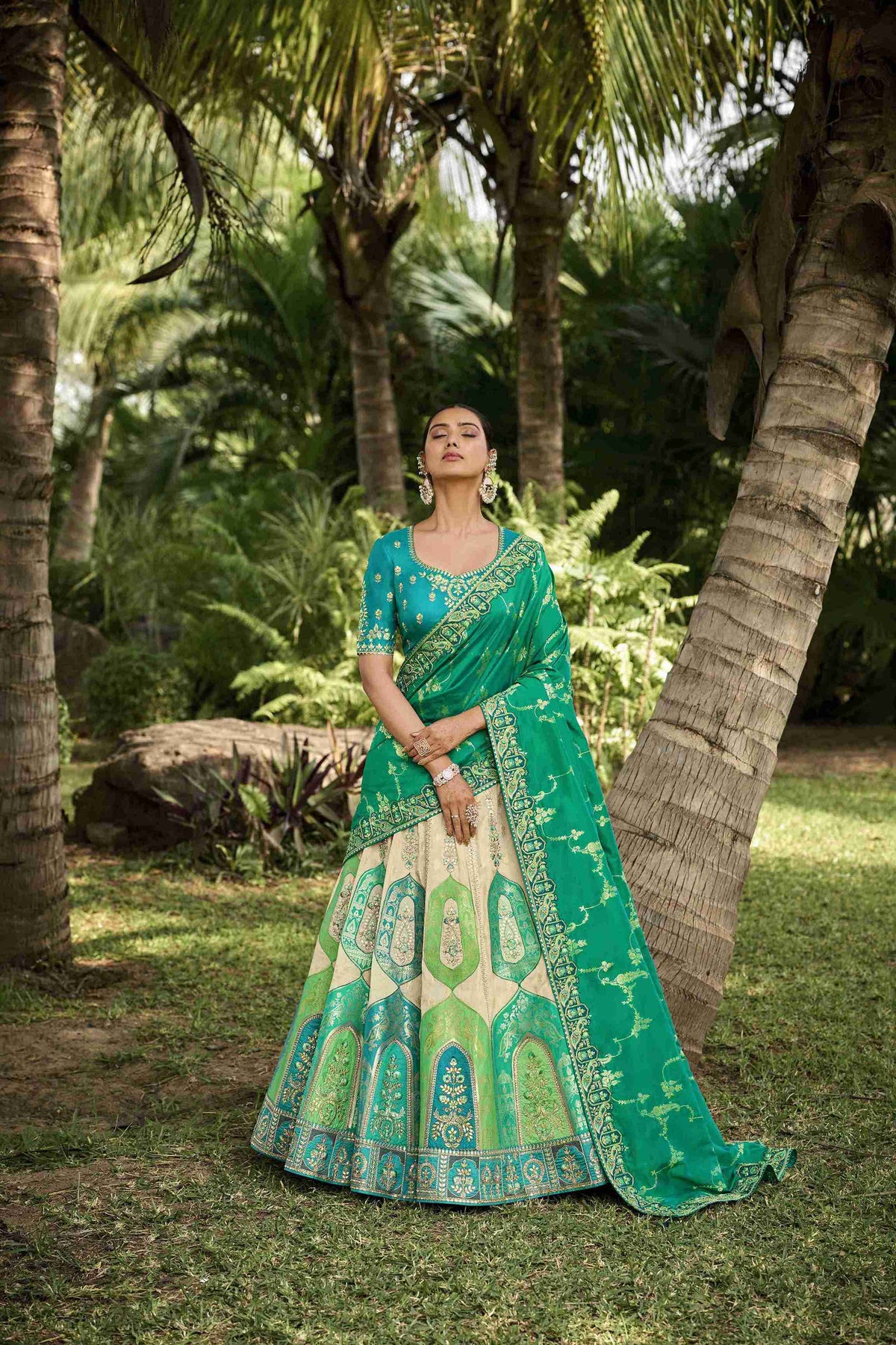 Sea Green Banarasi Silk Embroidered Patch Work Lehenga Choli