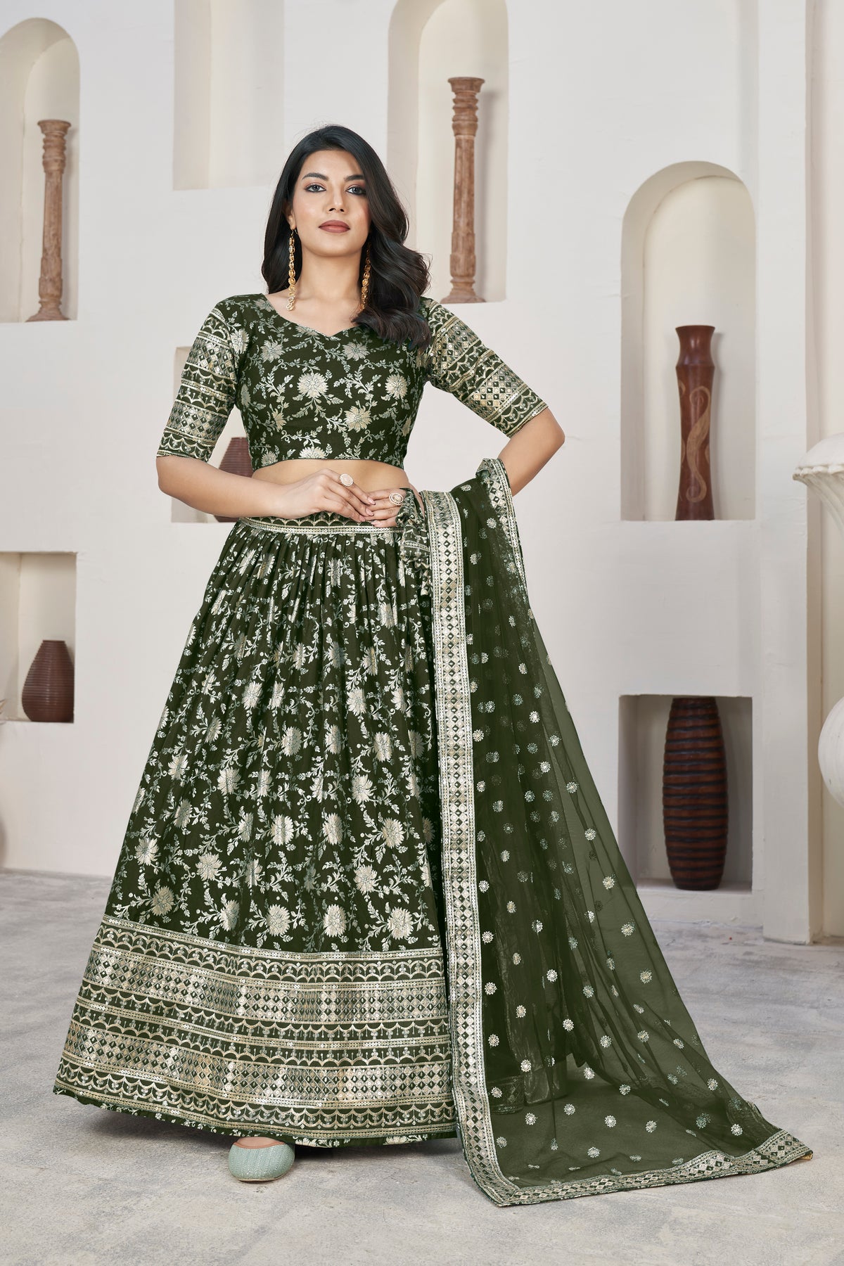 Mahendi Dolla Silk Woven Zari Embroidered Lehenga Choli