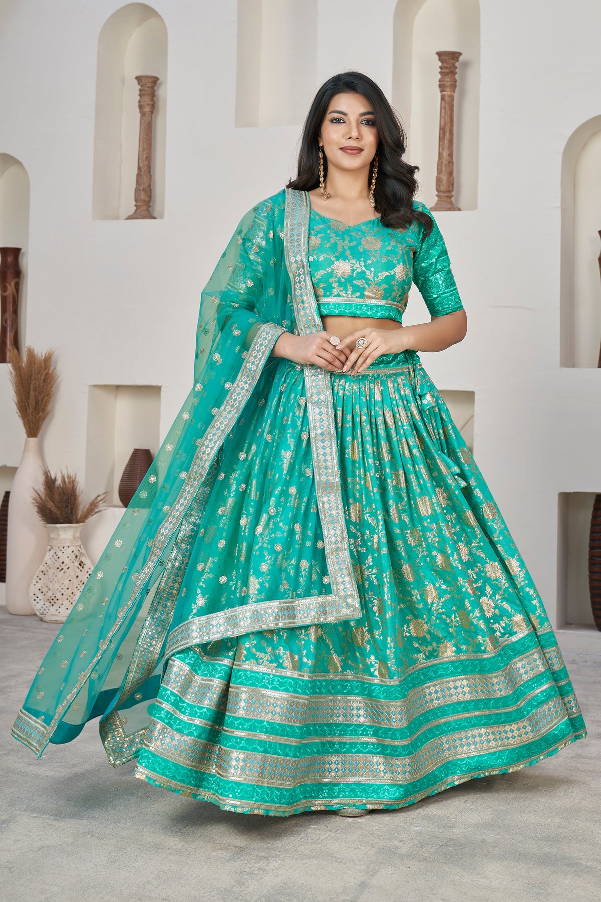 Sea Green Dolla Silk Woven Zari Embroidered Lehenga Choli