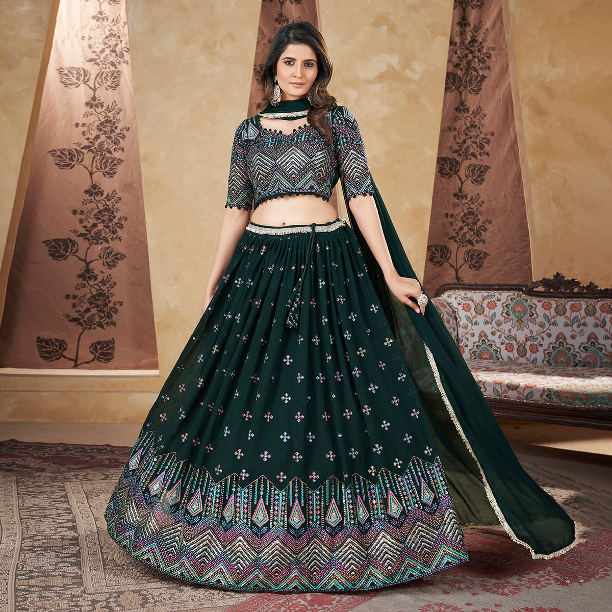 Green Georgette Pigment Foil Lehenga Choli